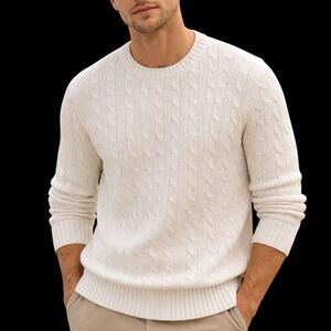 J Crew Cable Knit Sweater Mens M Cream Crewneck Fisherman Heritage Preppy